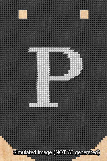 A simulated image of the stitched needlepoint design: Banner 13m Curved P White on Black. Not A.I. generated.