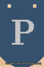 A simulated image of the stitched needlepoint design: Banner 13m Curved P White on Blue. Not A.I. generated.