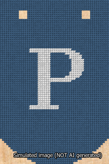 A simulated image of the stitched needlepoint design: Banner 13m Curved P White on Blue. Not A.I. generated.