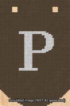 A simulated image of the stitched needlepoint design: Banner 13m Curved P White on Brown. Not A.I. generated.