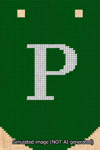 A simulated image of the stitched needlepoint design: Banner 13m Curved P White on Green. Not A.I. generated.