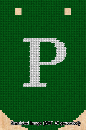 A simulated image of the stitched needlepoint design: Banner 13m Curved P White on Green. Not A.I. generated.