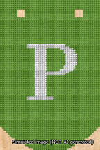 A simulated image of the stitched needlepoint design: Banner 13m Curved P White on Light Green. Not A.I. generated.