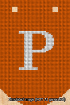A simulated image of the stitched needlepoint design: Banner 13m Curved P White on Orange. Not A.I. generated.