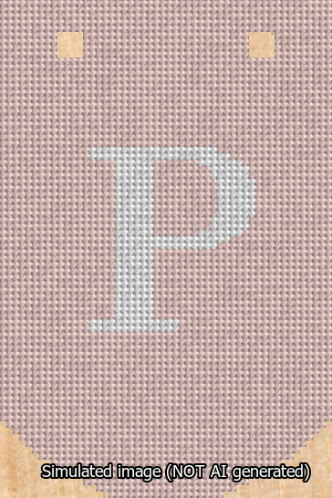 A simulated image of the stitched needlepoint design: Banner 13m Curved P White on Pink. Not A.I. generated.