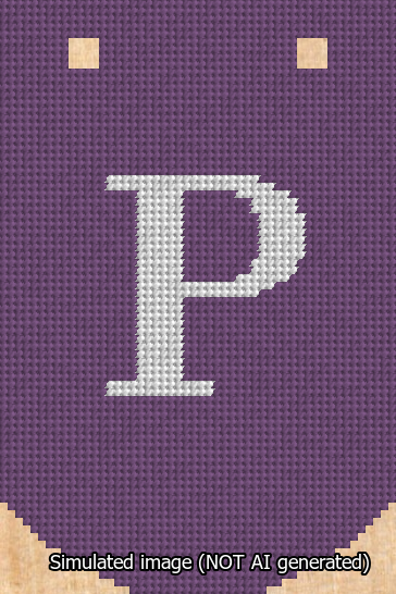 A simulated image of the stitched needlepoint design: Banner 13m Curved P White on Purple. Not A.I. generated.