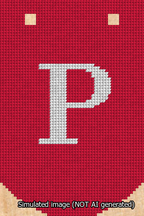 A simulated image of the stitched needlepoint design: Banner 13m Curved P White on Red. Not A.I. generated.