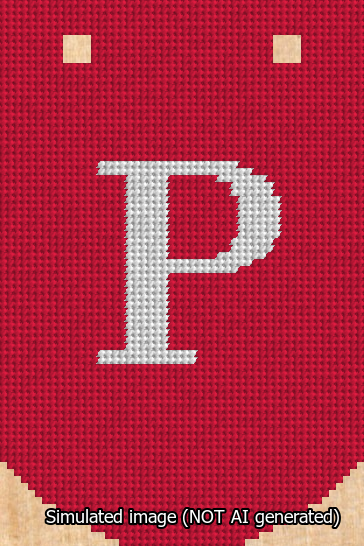A simulated image of the stitched needlepoint design: Banner 13m Curved P White on Red. Not A.I. generated.