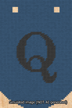 A simulated image of the stitched needlepoint design: Banner 13m Curved Q Black on Blue. Not A.I. generated.
