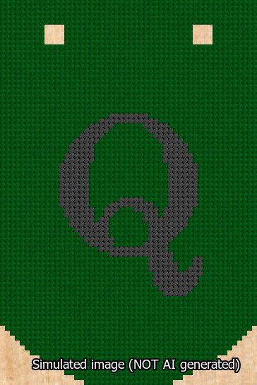 A simulated image of the stitched needlepoint design: Banner 13m Curved Q Black on Green. Not A.I. generated.