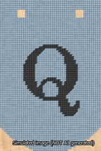 A simulated image of the stitched needlepoint design: Banner 13m Curved Q Black on Light Blue. Not A.I. generated.