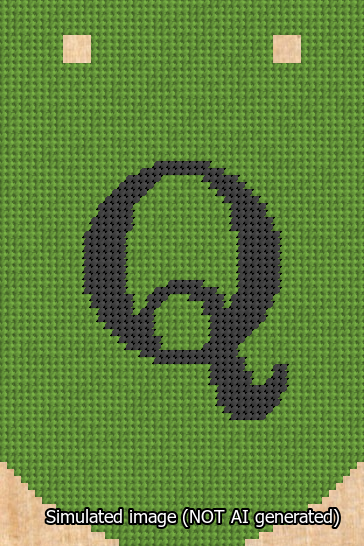 A simulated image of the stitched needlepoint design: Banner 13m Curved Q Black on Light Green. Not A.I. generated.