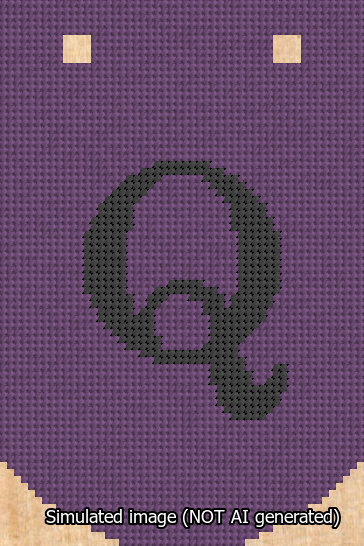 A simulated image of the stitched needlepoint design: Banner 13m Curved Q Black on Purple. Not A.I. generated.
