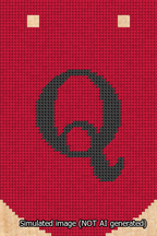 A simulated image of the stitched needlepoint design: Banner 13m Curved Q Black on Red. Not A.I. generated.
