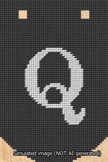 A simulated image of the stitched needlepoint design: Banner 13m Curved Q White on Black. Not A.I. generated.