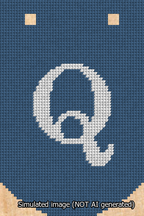 A simulated image of the stitched needlepoint design: Banner 13m Curved Q White on Blue. Not A.I. generated.