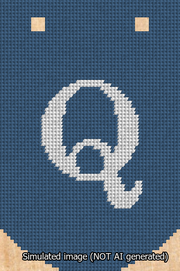 A simulated image of the stitched needlepoint design: Banner 13m Curved Q White on Blue. Not A.I. generated.