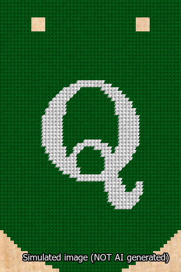 A simulated image of the stitched needlepoint design: Banner 13m Curved Q White on Green. Not A.I. generated.