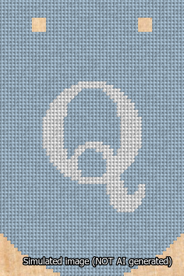 A simulated image of the stitched needlepoint design: Banner 13m Curved Q White on Light Blue. Not A.I. generated.