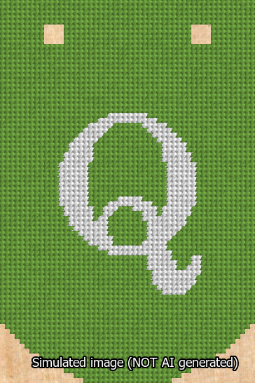 A simulated image of the stitched needlepoint design: Banner 13m Curved Q White on Light Green. Not A.I. generated.