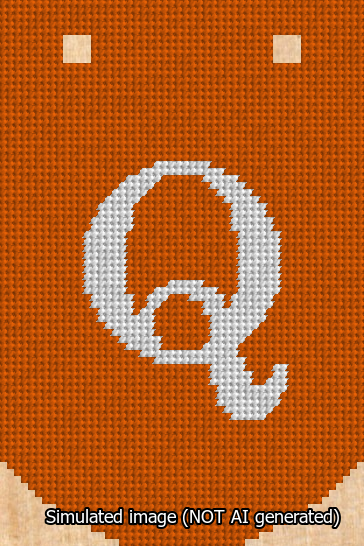A simulated image of the stitched needlepoint design: Banner 13m Curved Q White on Orange. Not A.I. generated.