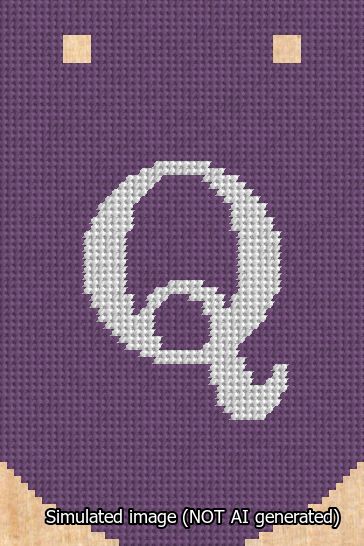 A simulated image of the stitched needlepoint design: Banner 13m Curved Q White on Purple. Not A.I. generated.