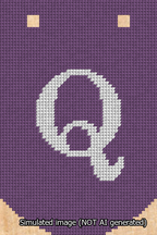 A simulated image of the stitched needlepoint design: Banner 13m Curved Q White on Purple. Not A.I. generated.
