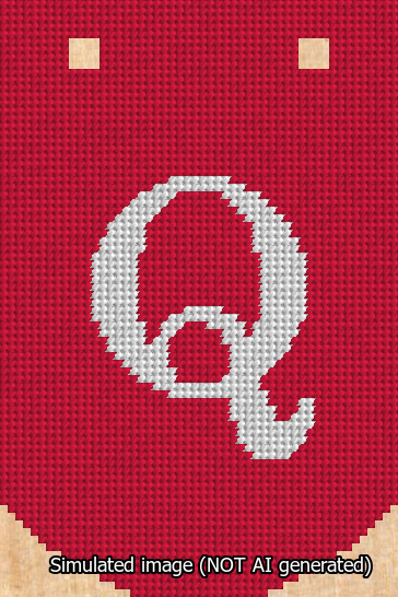 A simulated image of the stitched needlepoint design: Banner 13m Curved Q White on Red. Not A.I. generated.