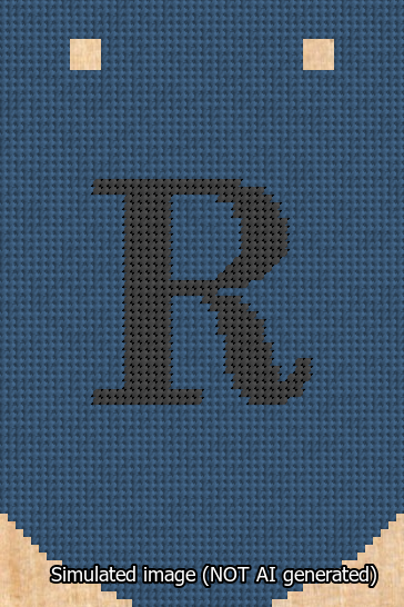 A simulated image of the stitched needlepoint design: Banner 13m Curved R Black on Blue. Not A.I. generated.