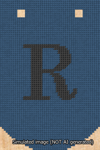 A simulated image of the stitched needlepoint design: Banner 13m Curved R Black on Blue. Not A.I. generated.