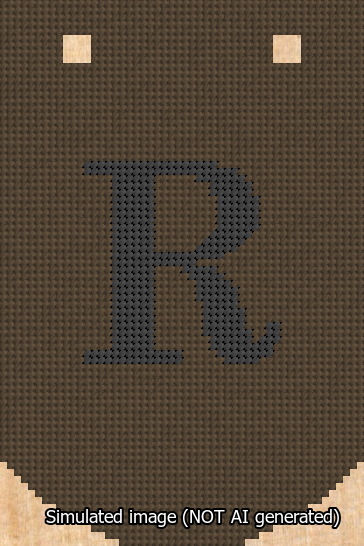 A simulated image of the stitched needlepoint design: Banner 13m Curved R Black on Brown. Not A.I. generated.