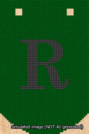 A simulated image of the stitched needlepoint design: Banner 13m Curved R Black on Green. Not A.I. generated.