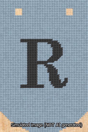 A simulated image of the stitched needlepoint design: Banner 13m Curved R Black on Light Blue. Not A.I. generated.