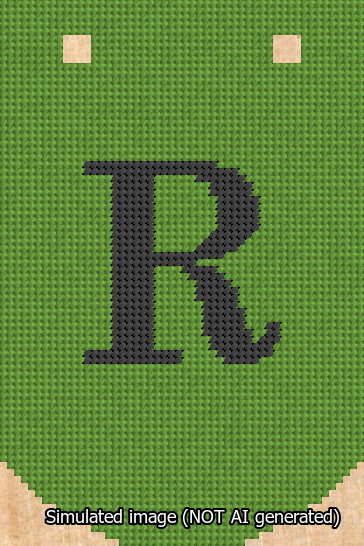 A simulated image of the stitched needlepoint design: Banner 13m Curved R Black on Light Green. Not A.I. generated.