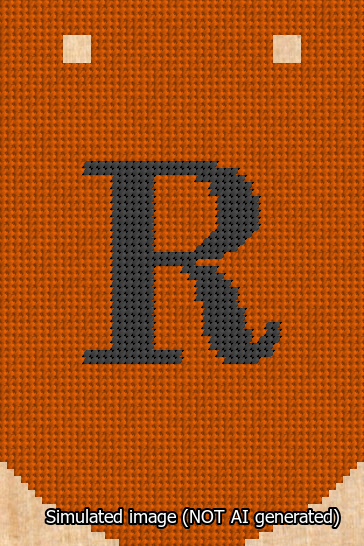 A simulated image of the stitched needlepoint design: Banner 13m Curved R Black on Orange. Not A.I. generated.