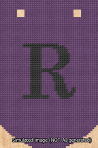 A simulated image of the stitched needlepoint design: Banner 13m Curved R Black on Purple. Not A.I. generated.