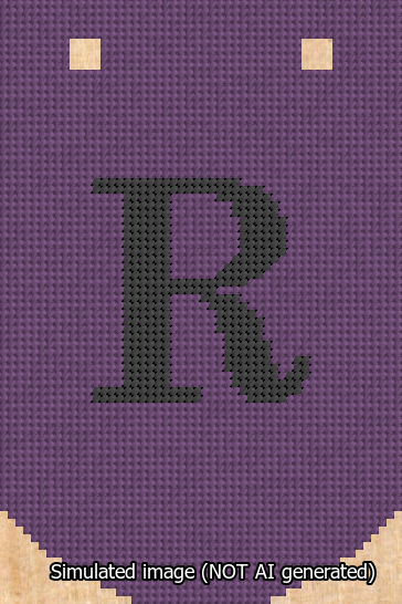 A simulated image of the stitched needlepoint design: Banner 13m Curved R Black on Purple. Not A.I. generated.
