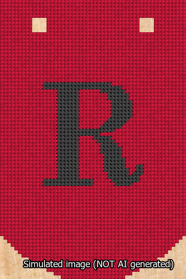 A simulated image of the stitched needlepoint design: Banner 13m Curved R Black on Red. Not A.I. generated.