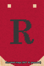 A simulated image of the stitched needlepoint design: Banner 13m Curved R Black on Red. Not A.I. generated.