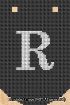 A simulated image of the stitched needlepoint design: Banner 13m Curved R White on Black. Not A.I. generated.