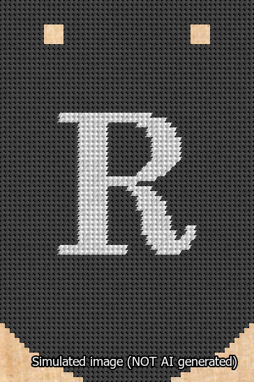 A simulated image of the stitched needlepoint design: Banner 13m Curved R White on Black. Not A.I. generated.