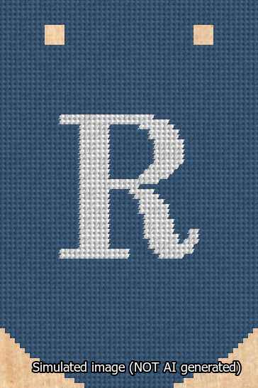 A simulated image of the stitched needlepoint design: Banner 13m Curved R White on Blue. Not A.I. generated.