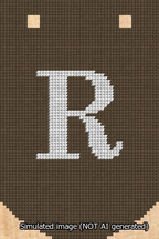 A simulated image of the stitched needlepoint design: Banner 13m Curved R White on Brown. Not A.I. generated.
