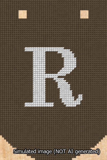A simulated image of the stitched needlepoint design: Banner 13m Curved R White on Brown. Not A.I. generated.