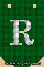 A simulated image of the stitched needlepoint design: Banner 13m Curved R White on Green. Not A.I. generated.