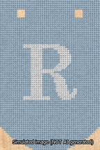 A simulated image of the stitched needlepoint design: Banner 13m Curved R White on Light Blue. Not A.I. generated.