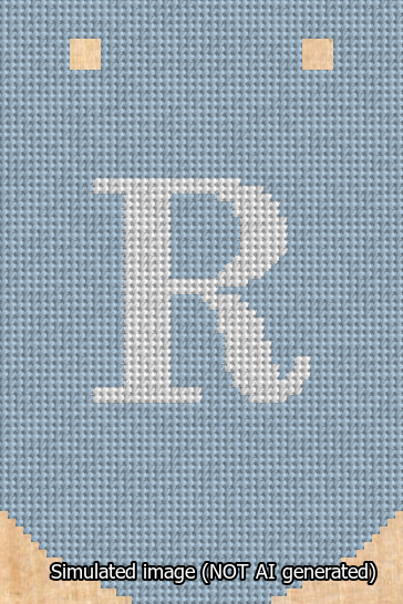 A simulated image of the stitched needlepoint design: Banner 13m Curved R White on Light Blue. Not A.I. generated.