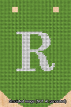 A simulated image of the stitched needlepoint design: Banner 13m Curved R White on Light Green. Not A.I. generated.