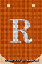 A simulated image of the stitched needlepoint design: Banner 13m Curved R White on Orange. Not A.I. generated.