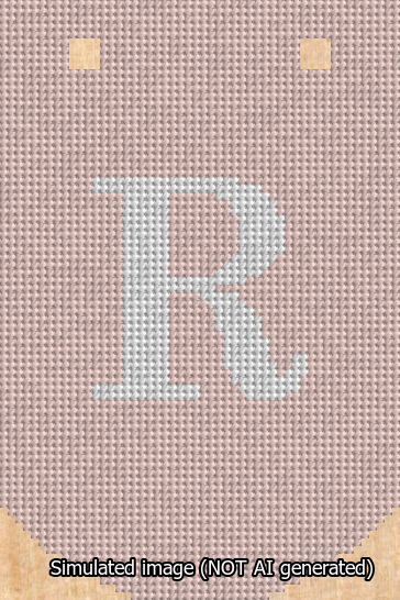 A simulated image of the stitched needlepoint design: Banner 13m Curved R White on Pink. Not A.I. generated.